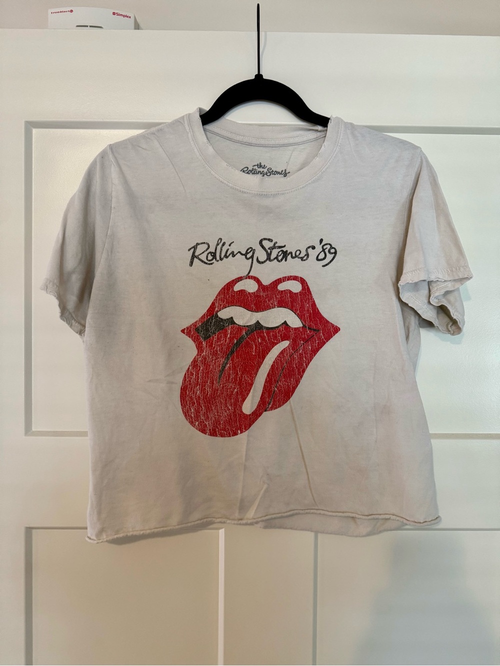 the Rolling Stones White Crop Tee with Red Tongue Graphic